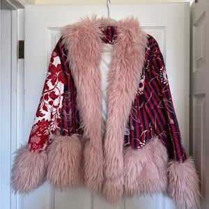 Floral and Striped Faux Fur Jacket
